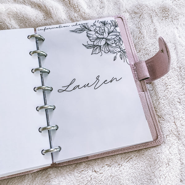 Floral Name Dashboard ~ Acetate Dashboard for Ring/Disc Bound Planners