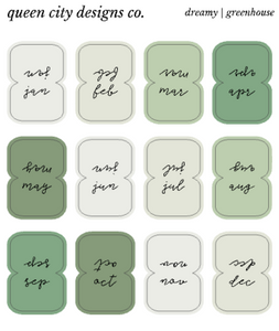Greenhouse | Monthly Tab Stickers ~ 3 Font Options | Stickers for Hobonichi Weeks, Etc.