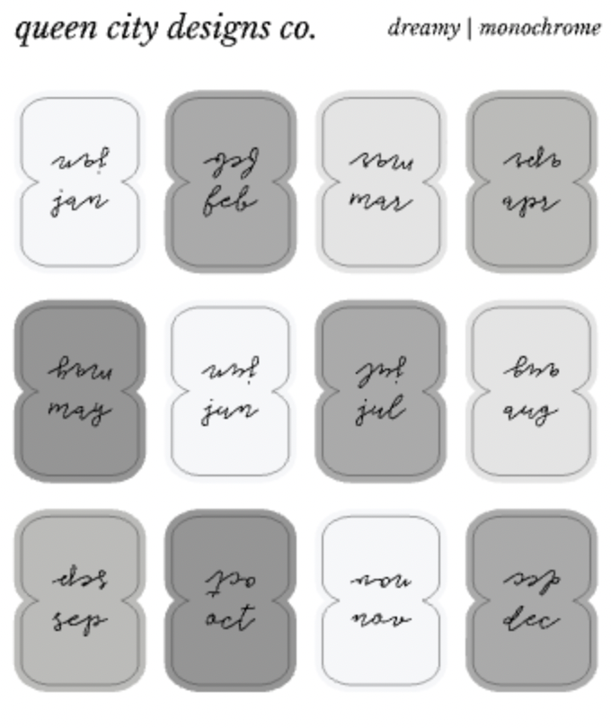 Monochrome | Monthly Tab Stickers ~ 3 Font Options | Stickers for Hobonichi Weeks, Etc.