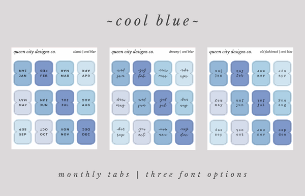 Cool Blue | Monthly Tab Stickers ~ 3 Font Options | Stickers for Hobonichi Weeks, Etc.