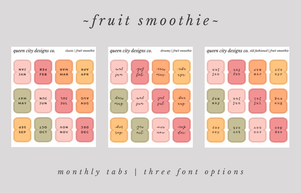 Fruit Smoothie | Monthly Tab Stickers ~ 3 Font Options | Stickers for Hobonichi Weeks, Etc.