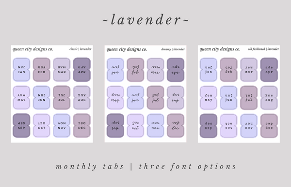 Lavender | Monthly Tab Stickers ~ 3 Font Options | Stickers for Hobonichi Weeks, Etc.