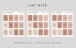 Oat Milk | Monthly Tab Stickers ~ 3 Font Options | Stickers for Hobonichi Weeks, Etc.
